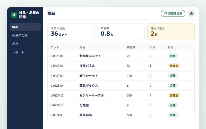 検品・品質の記録の画面イメージ