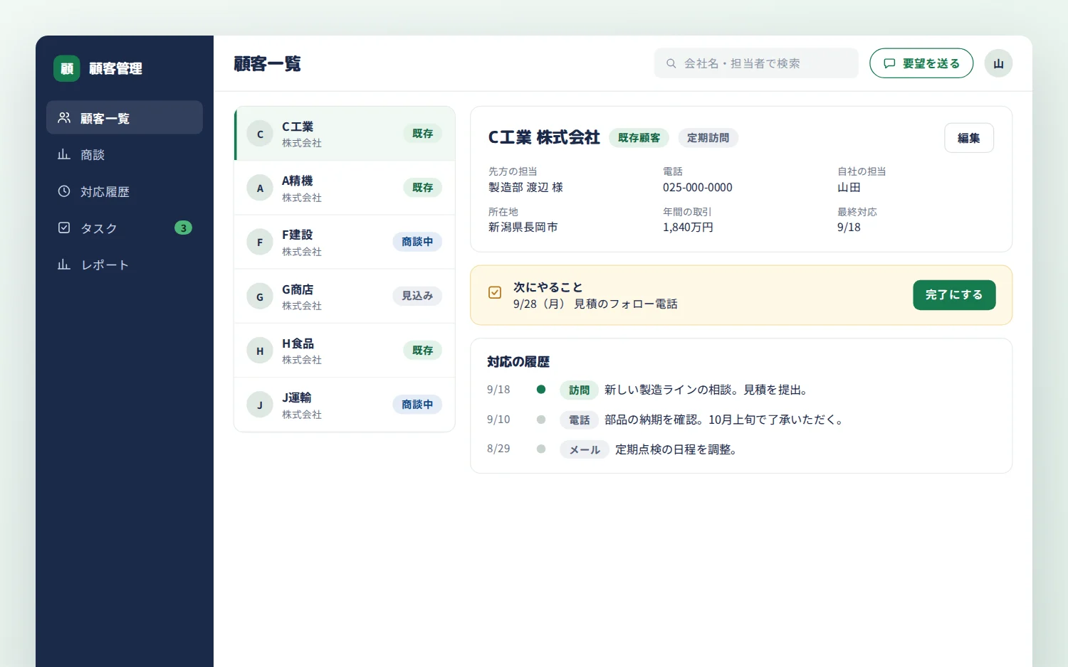 顧客管理アプリの画面イメージ。顧客ごとの情報、次にやること、対応の履歴